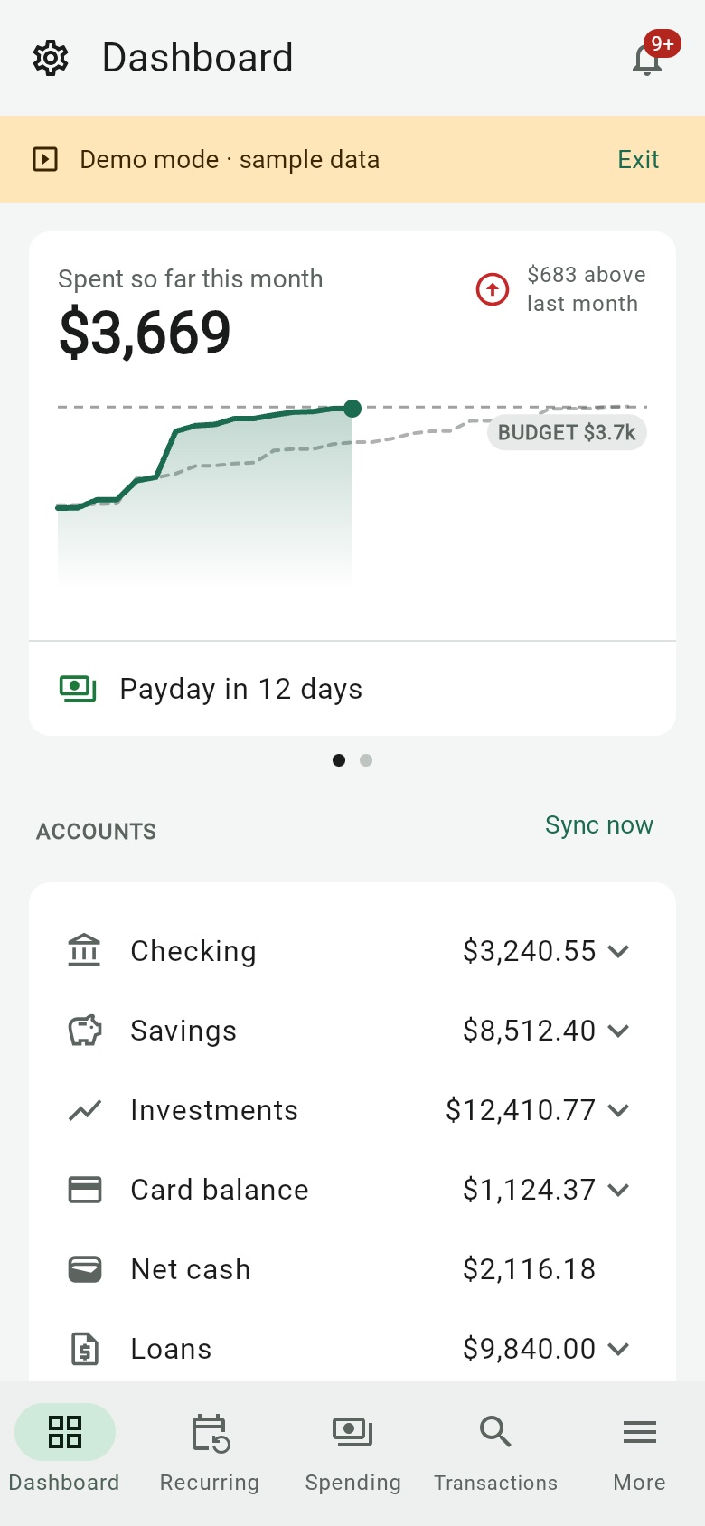 The Wallet Buddy dashboard with sample data: spending this month against the budget, and account balances