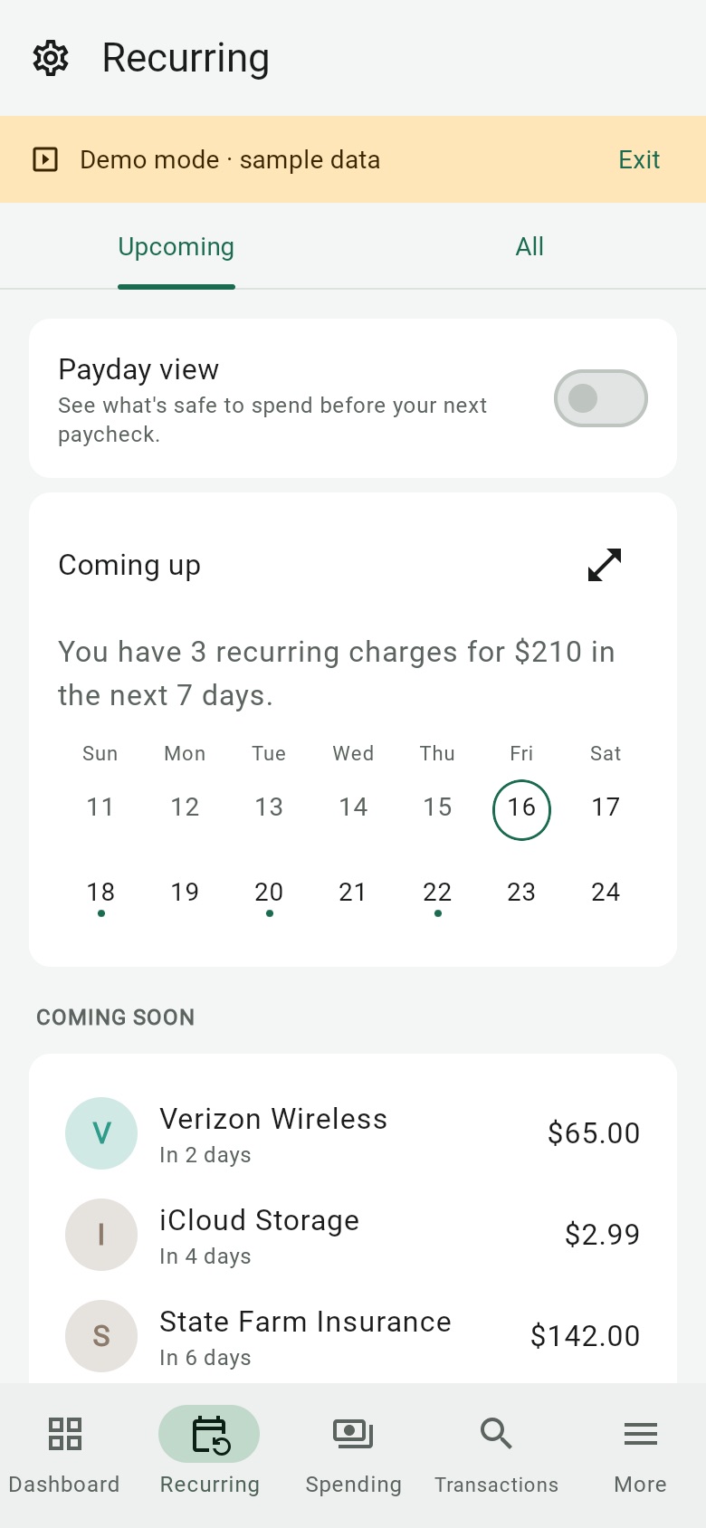 Upcoming bills on a calendar, with the charges due in the next few days (sample data)